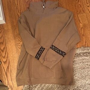 Men's Tan Zip-Up Sweater with Patterned Cuffs